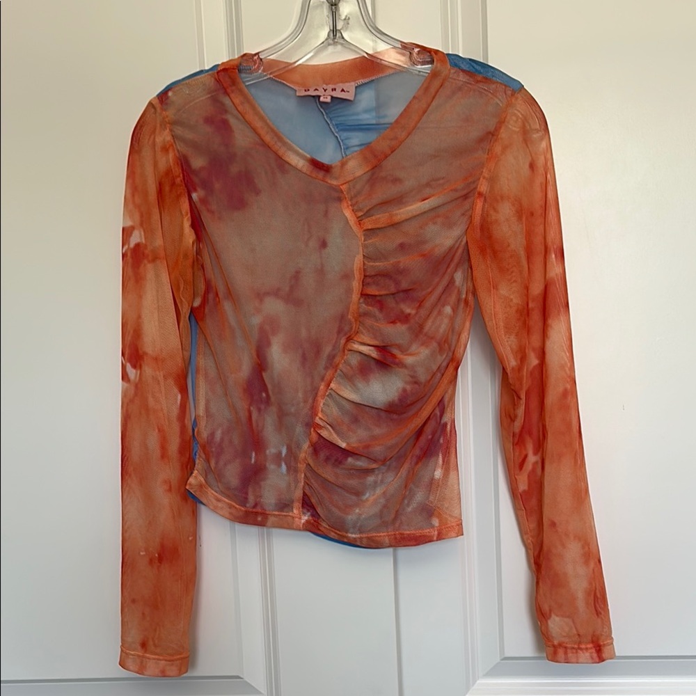 Dayra Y2K Sheer Asymmetrical Ruching Mesh Orange & Blue Long Sleeve Top Size M
